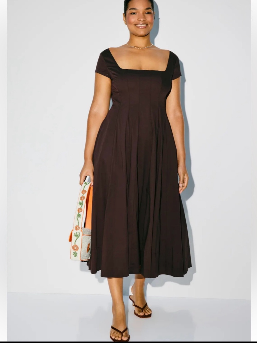 STAUD Wells Square-Neck Cap-Sleeve Midi Dress in Dark Brown Sz 16 NWot $295